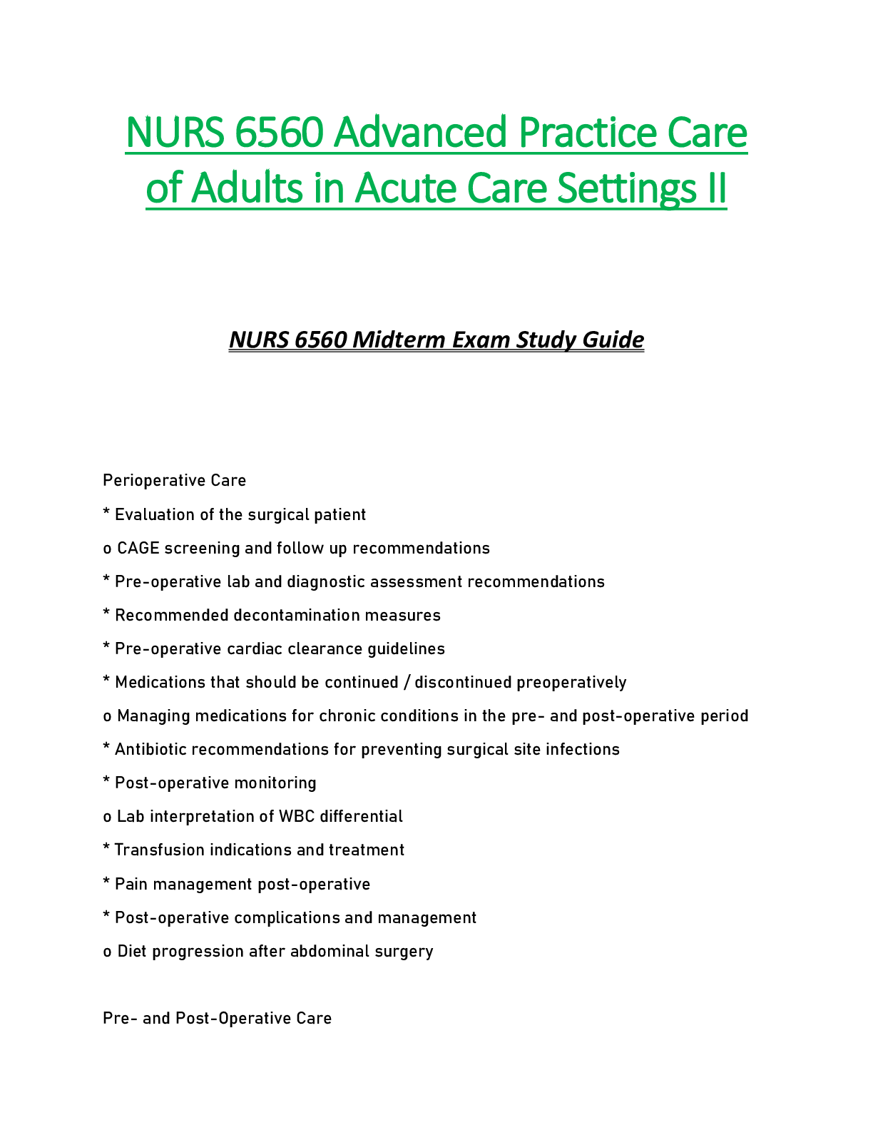 Preview of NURS6560 / NURS 6560 Midterm Exam Study Guide  : Advanced Practice Care of Adults in Acute